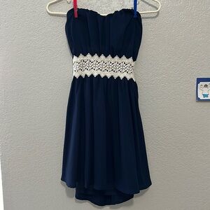 Papaya, small, dark blue, strapless dress